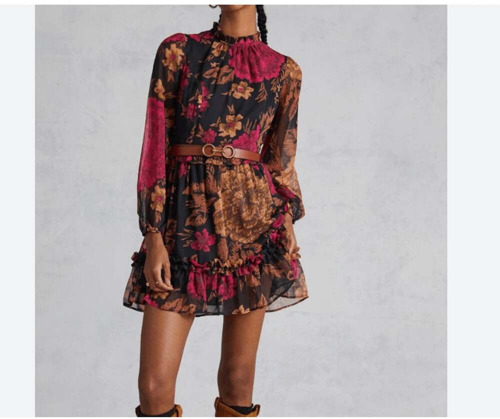 Porridge Dress Womens XL Black Floral Chiffon Ruffle Backless Long Sleeve Mini